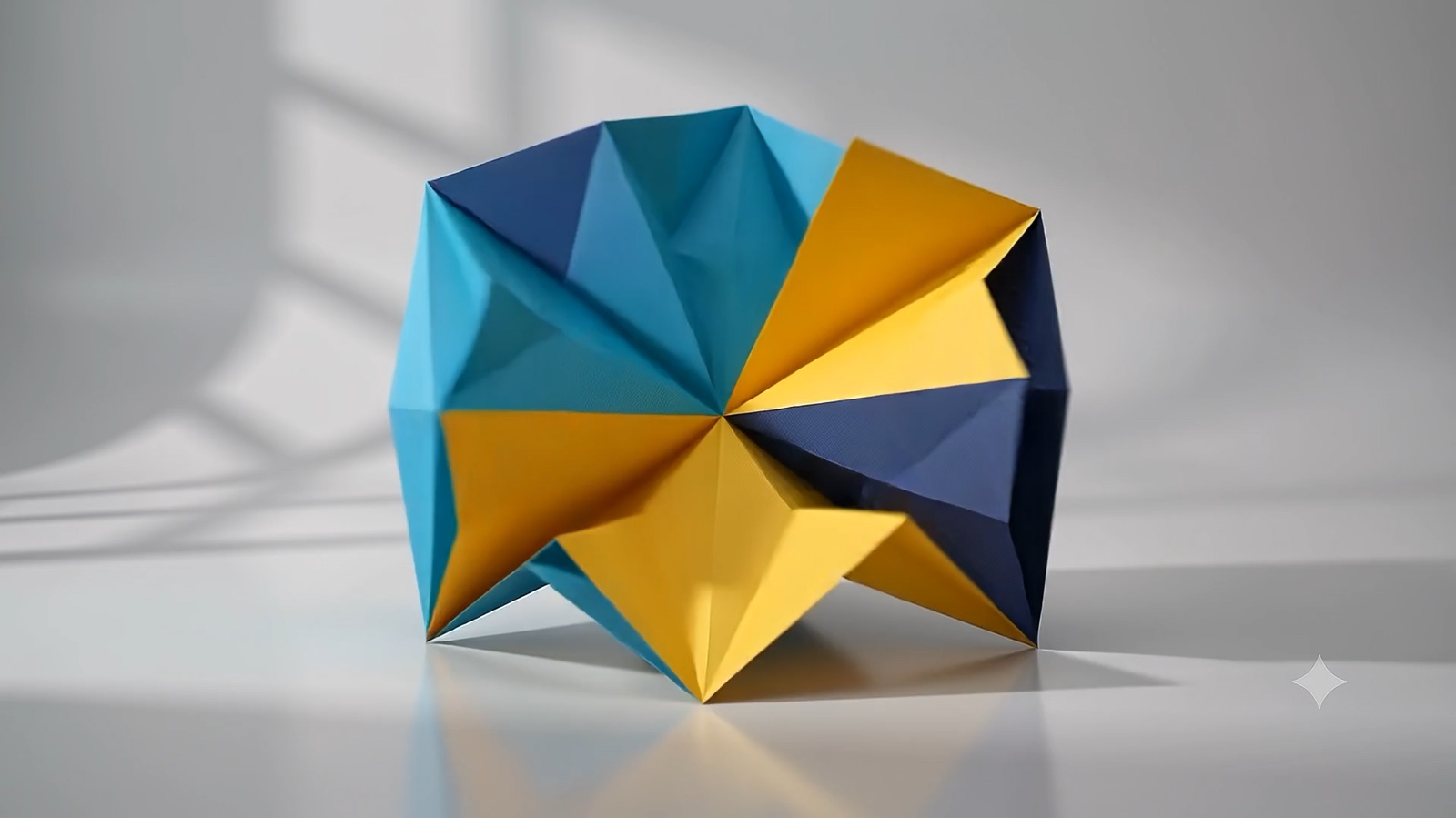 Origami tridimensional em azul, teal e amarelo, no filme da marca Instituto Dom Bosco